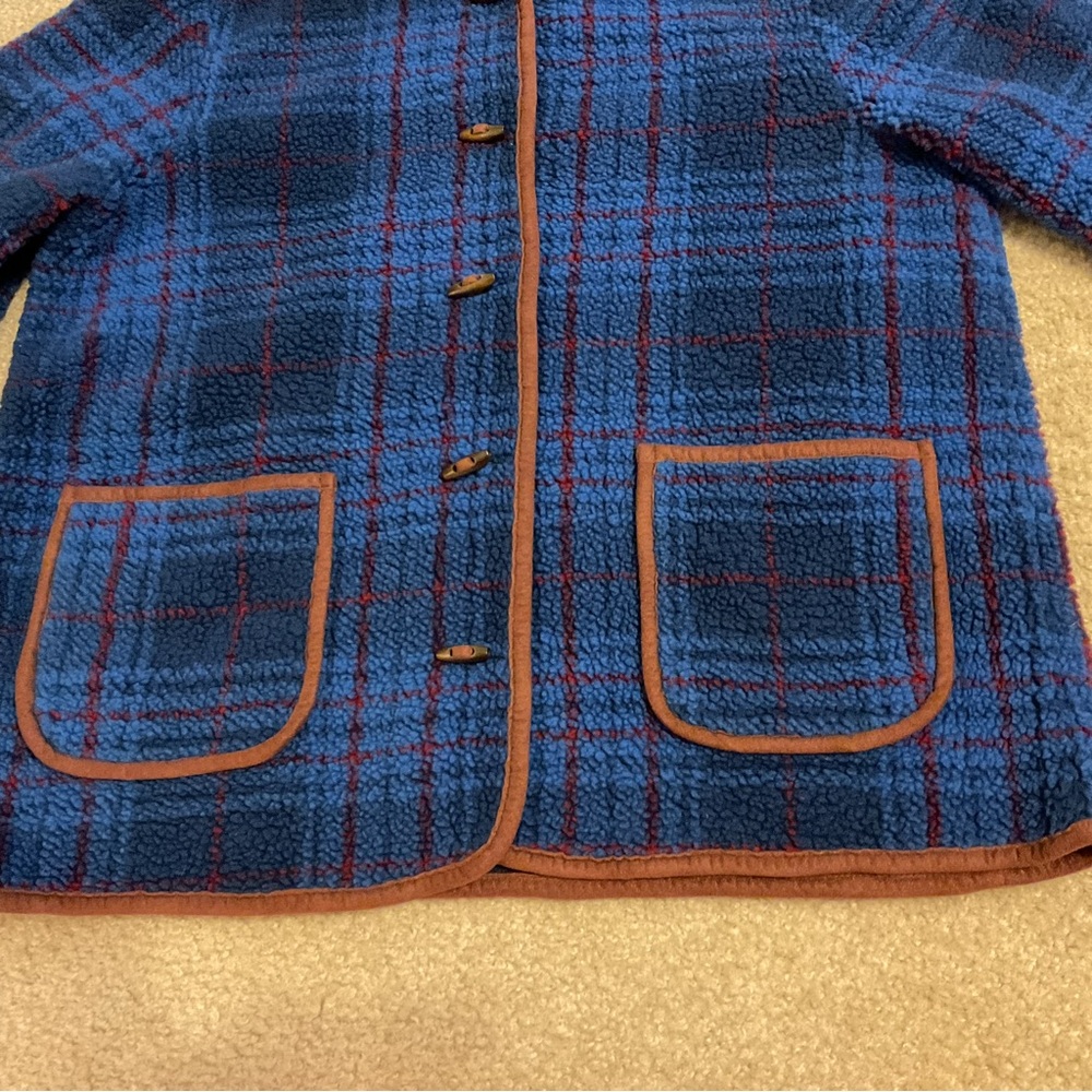 Orvis Blue Burgundy Plaid & Brown Trim Toggle 5 Button Down Fleece Jacket Blazer - Picture 7 of 15